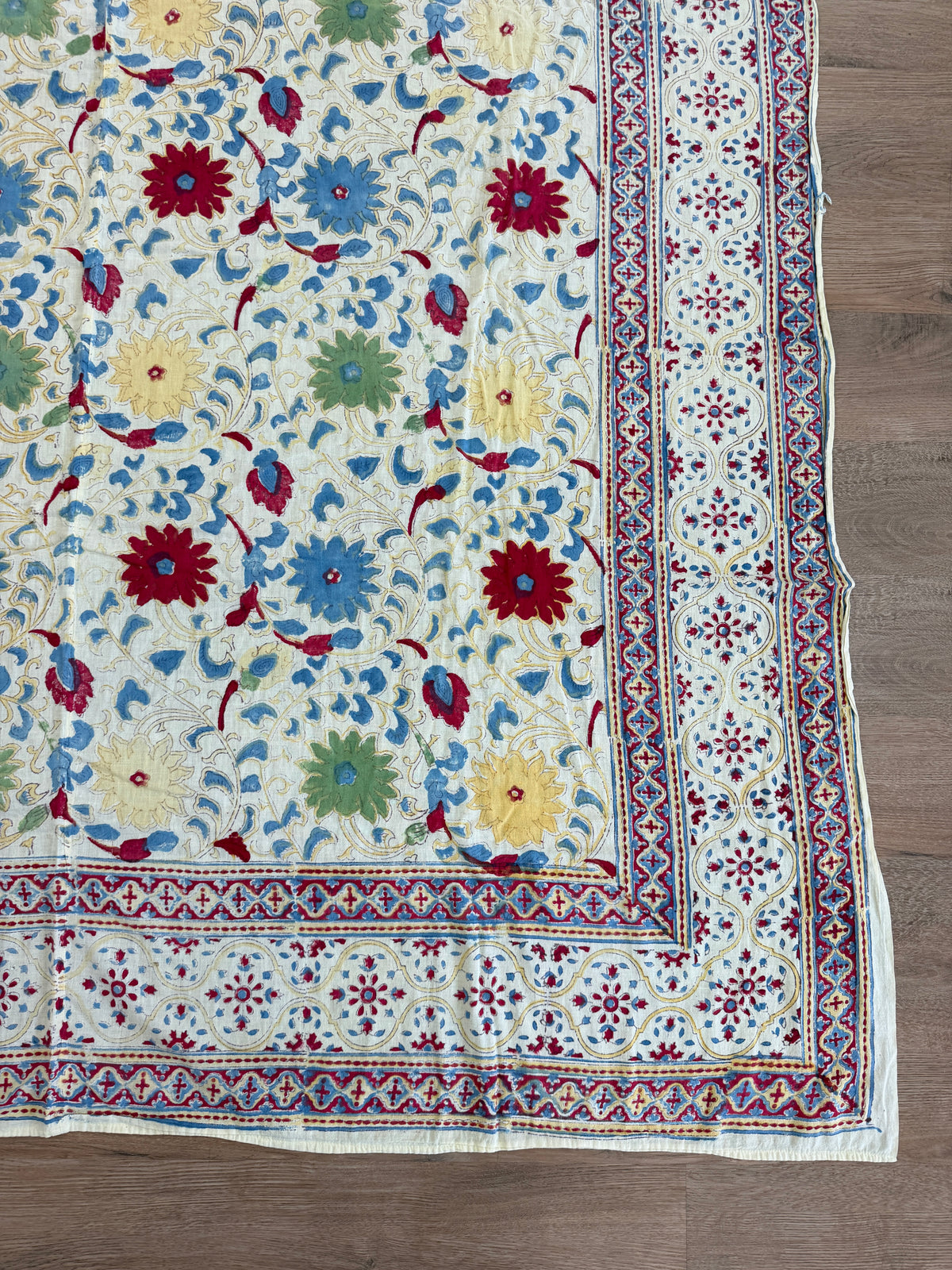 1970s Vintage Indian Cotton Hand Block Printed Uncut Fabric Yardage - Red / Cream / Blue / Green Large Blooms - 66" x 98" (#6)