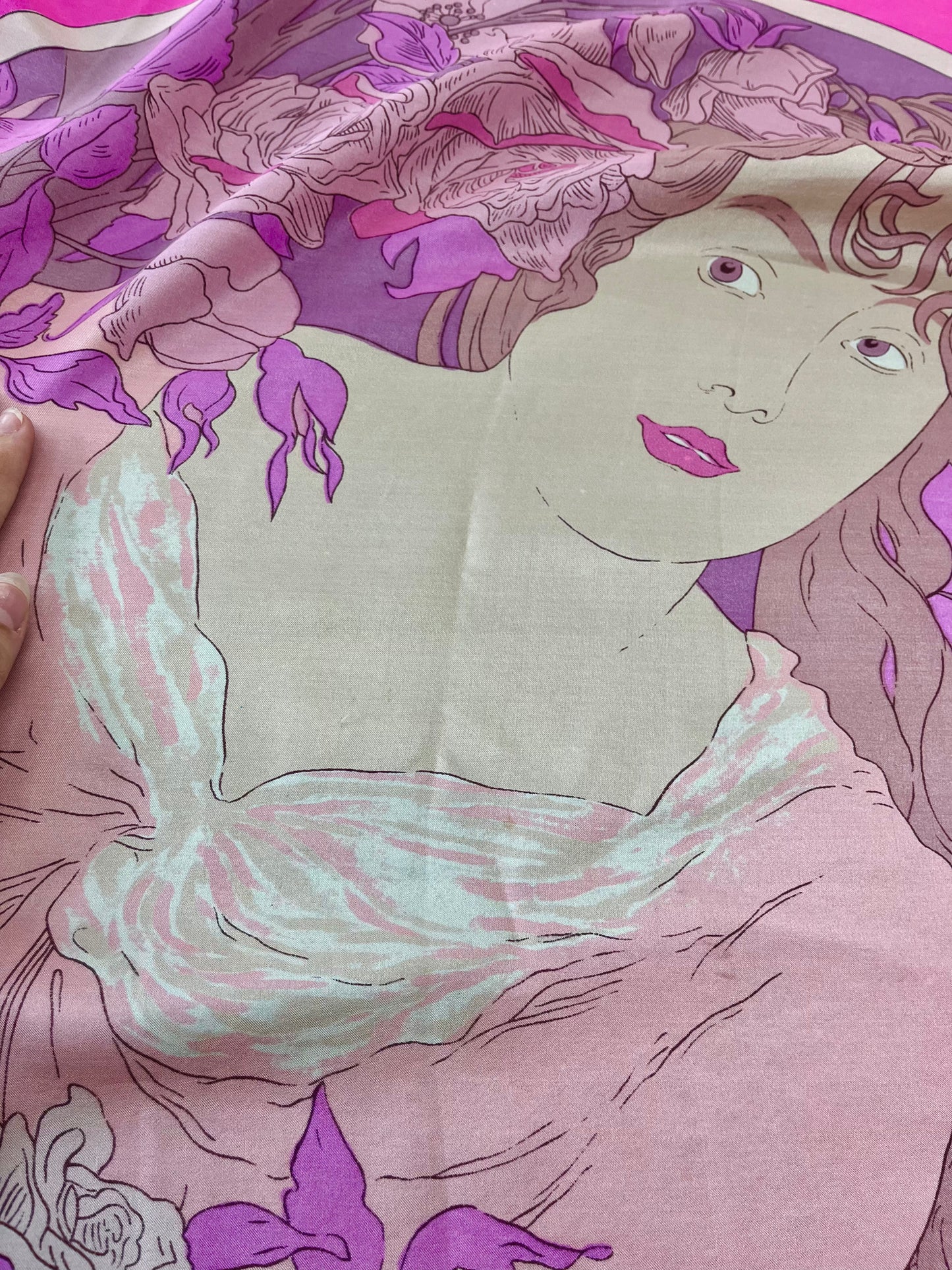 1960s - 1970s Vintage Alphonse Mucha Style Art Noveau Woman Large Silk Scarf by Falconetto