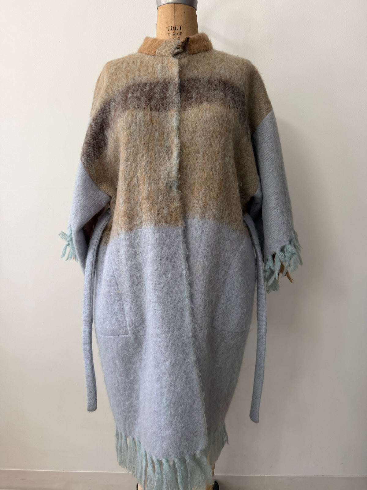 1970s - 80s Vintage Robins Egg Blue and Brown Mohair Blanket Coat