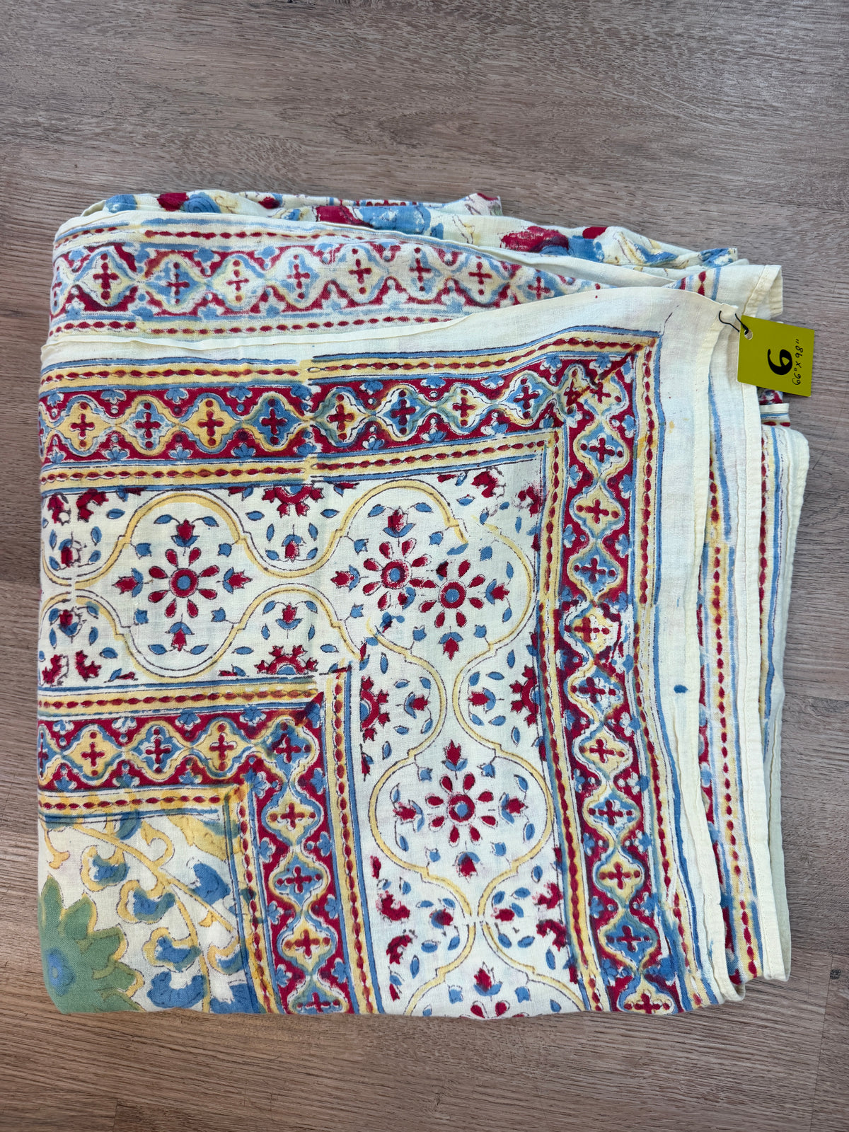 1970s Vintage Indian Cotton Hand Block Printed Uncut Fabric Yardage - Red / Cream / Blue / Green Large Blooms - 66" x 98" (#6)