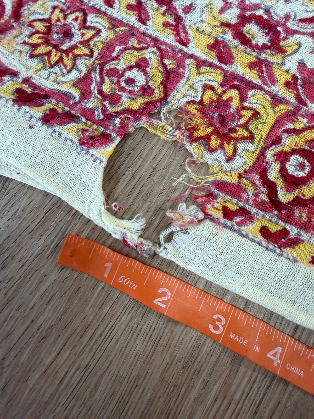1970s Vintage Indian Cotton Hand Block Printed Uncut Fabric Yardage - Red / Pink / Yellow Lotus Flower - 64" x 100" (#2)