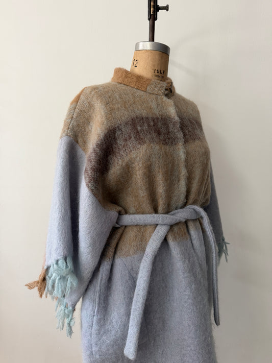 1970s - 80s Vintage Robins Egg Blue and Brown Mohair Blanket Coat