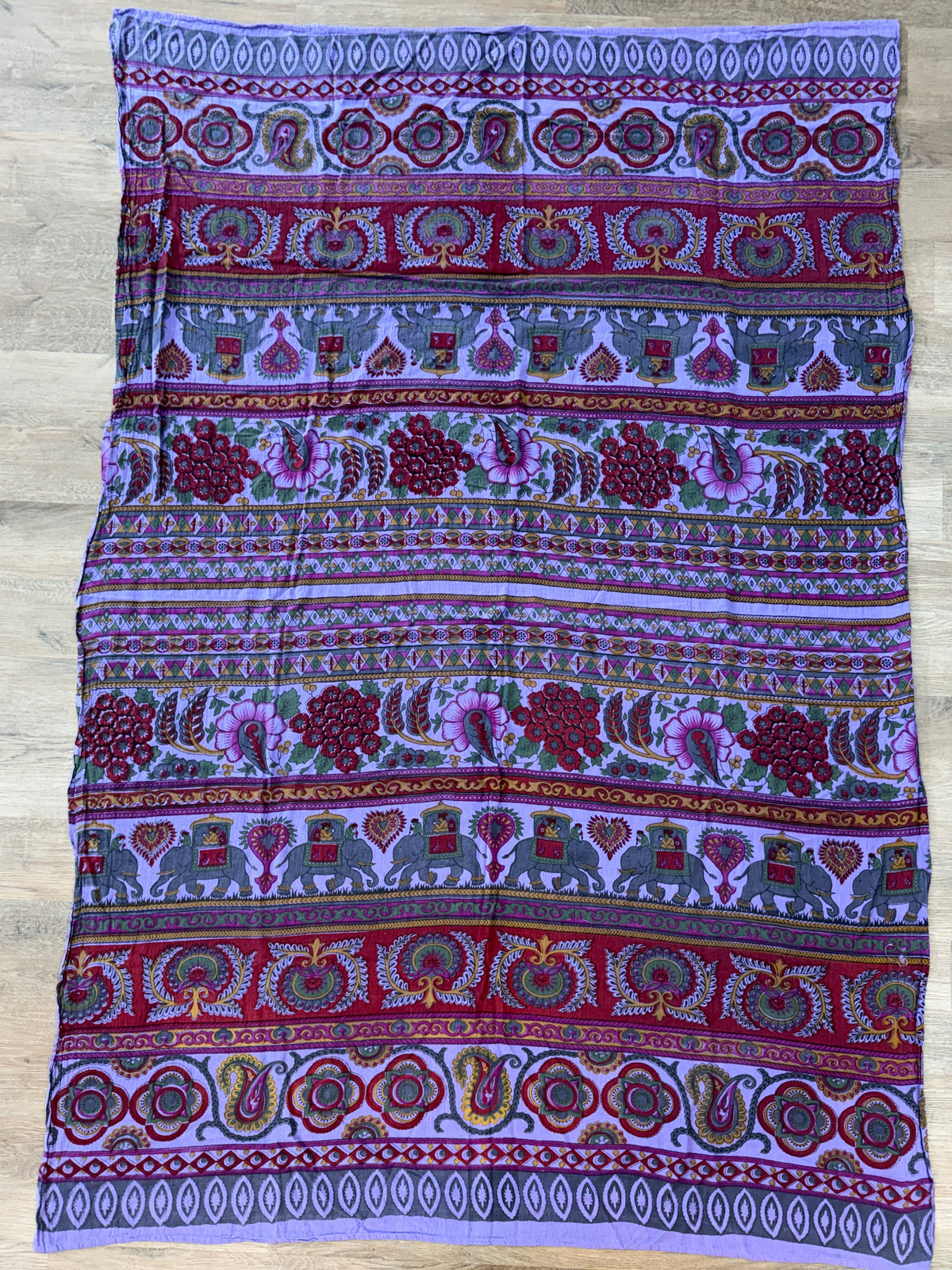 1970s Vintage Indian Cotton Hand Block Printed Uncut Fabric Yardage - Bright Purple Elephants - 64" x 96" (#12)