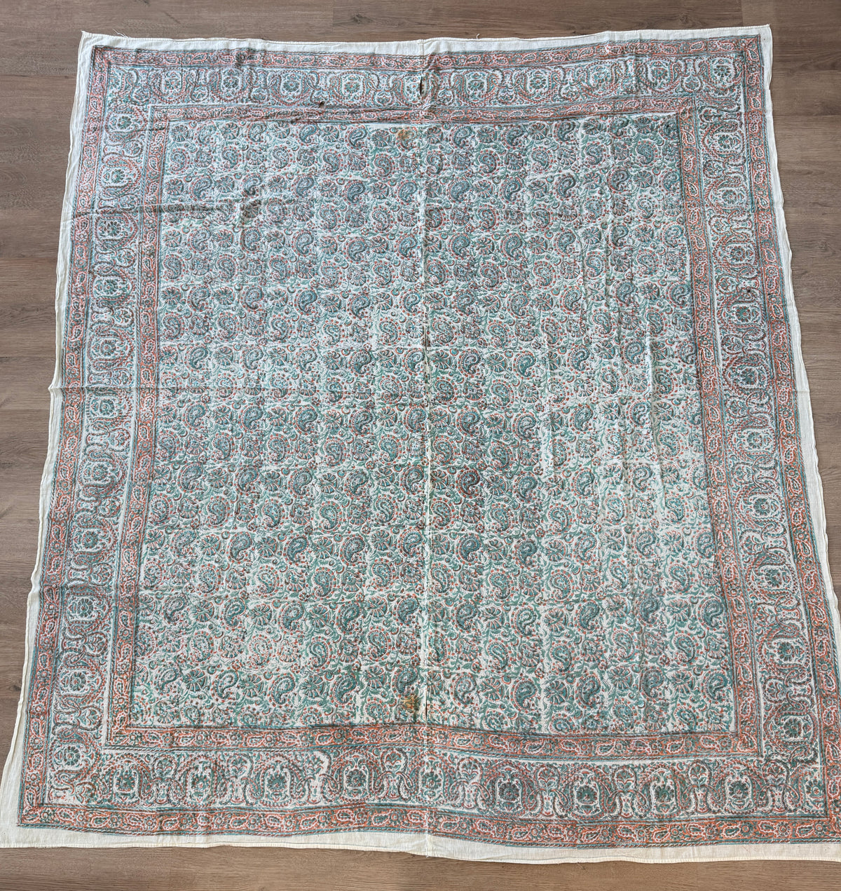 1970s Vintage Indian Cotton Hand Block Printed Uncut Fabric Yardage - Coral / Teal - 80" x 92" (#8)