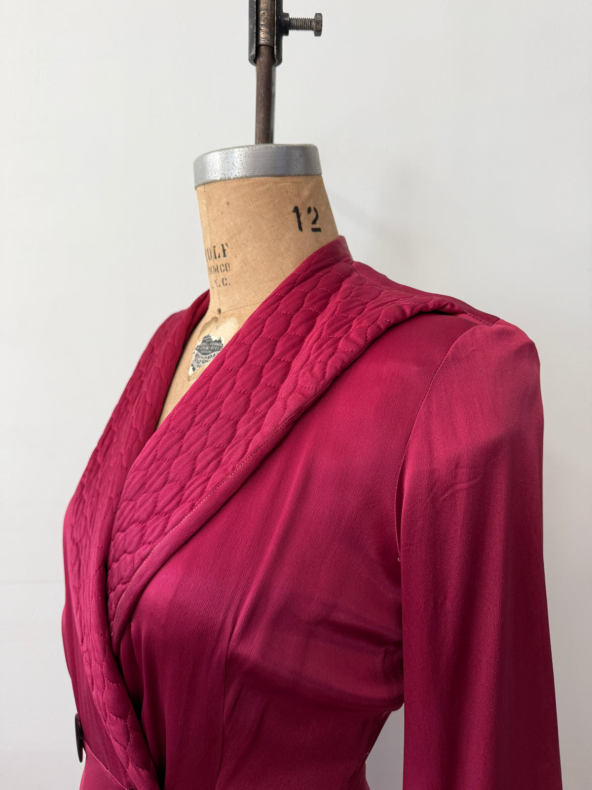 1940s Vintage Satin Plum Robe with Shell Buttons Old Hollywood Style