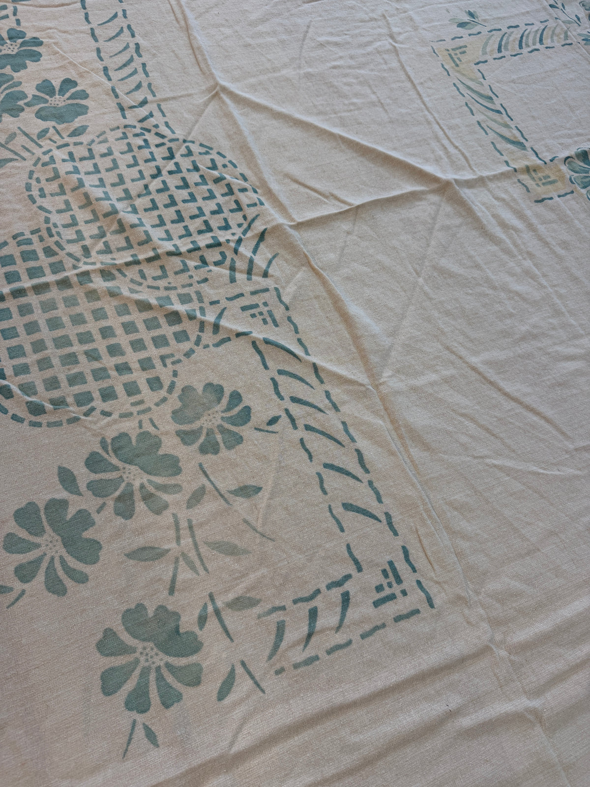 1940s - 1950s Vintage Indian Cotton Hand Block Printed Uncut Fabric Yardage - Cream / Robin's Egg Blue / Abstract Basket Florals - 80” x 96" (#9)