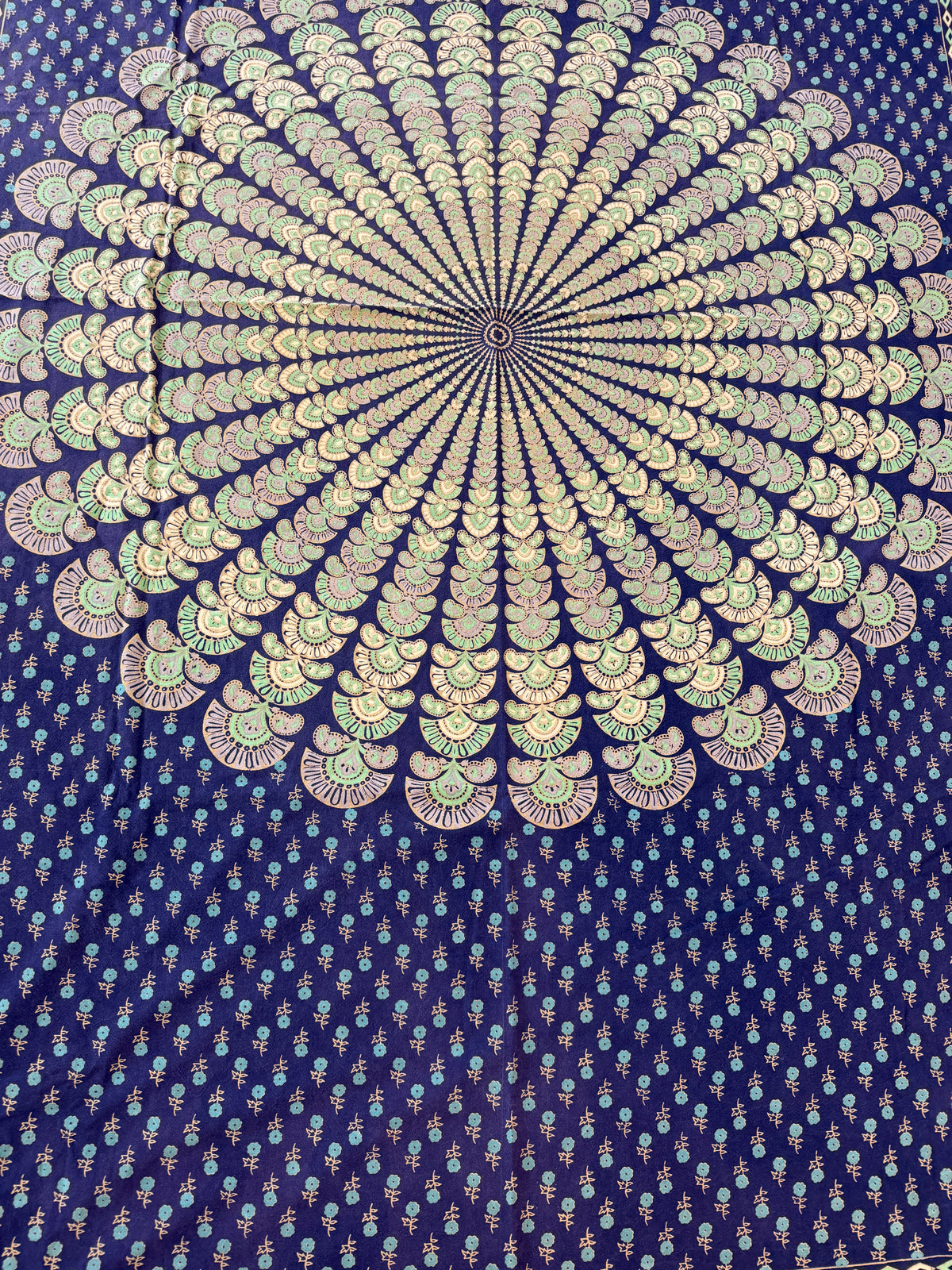 1980s Vintage Indian Cotton Hand Block Printed Uncut Fabric Yardage - Micro Floral / Mandala / Blue - 102" x 68" (#14)