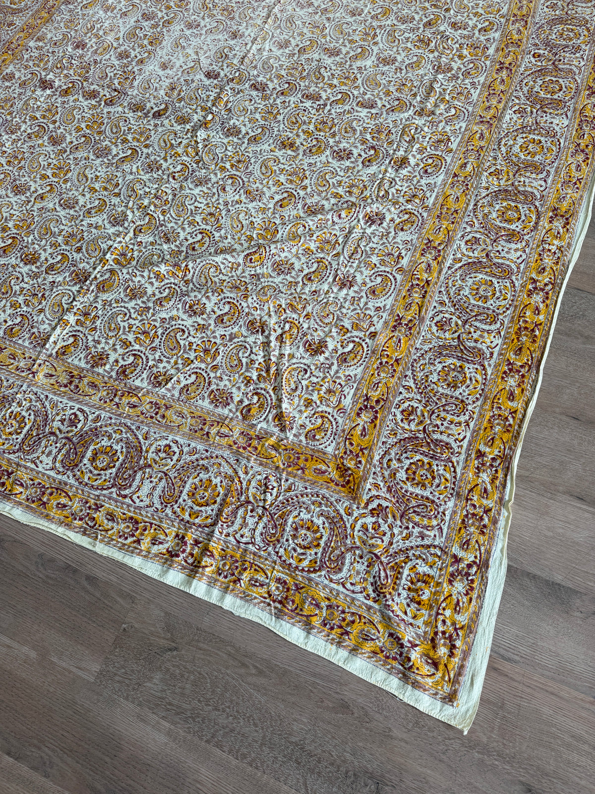 1970s Vintage Indian Cotton Hand Block Printed Uncut Fabric Yardage - Burgundy / Yellow / Paisley- 82" x 100" (#3)