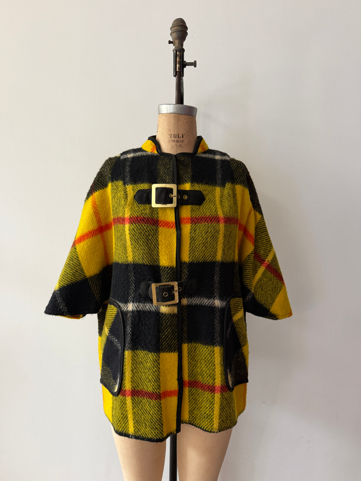 1960s Yellow Plaid Buckle Poncho Capelette by King of the Ponchos
