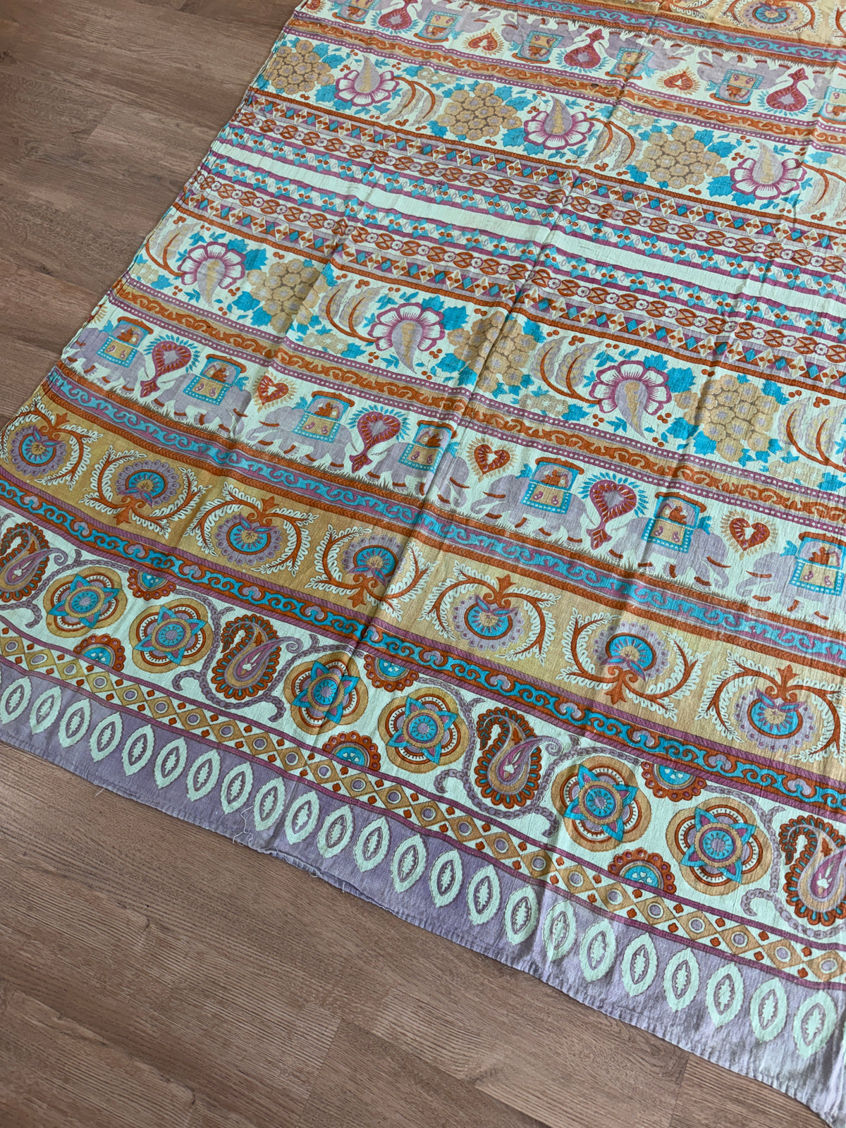 1970s Vintage Hand Block Printed Indian Cotton Fabric - Purple / Blue / Turquoise / Orange  - 62" x 92" (#7)