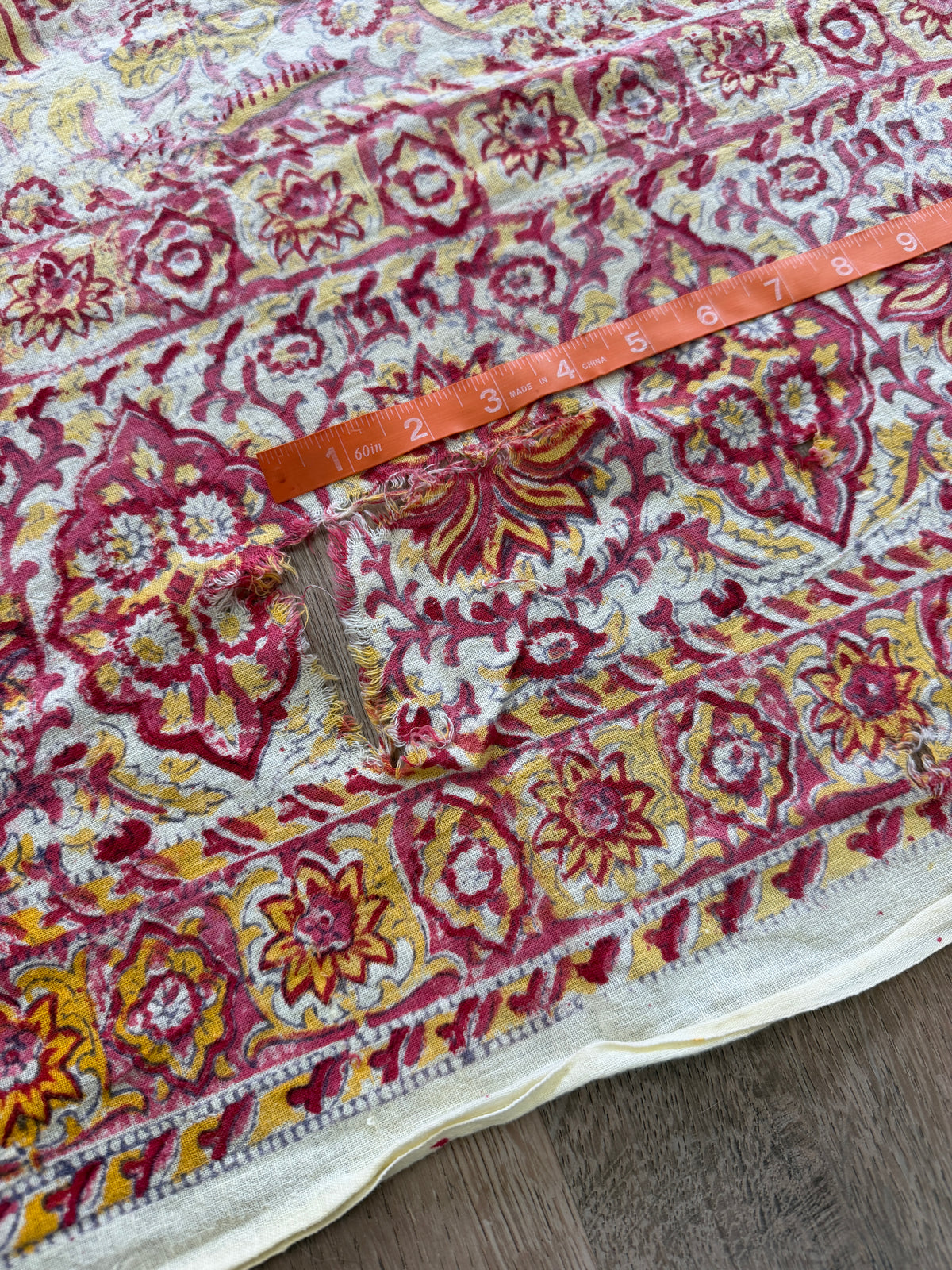 1970s Vintage Indian Cotton Hand Block Printed Uncut Fabric Yardage - Red / Pink / Yellow Lotus Flower - 64" x 100" (#2)