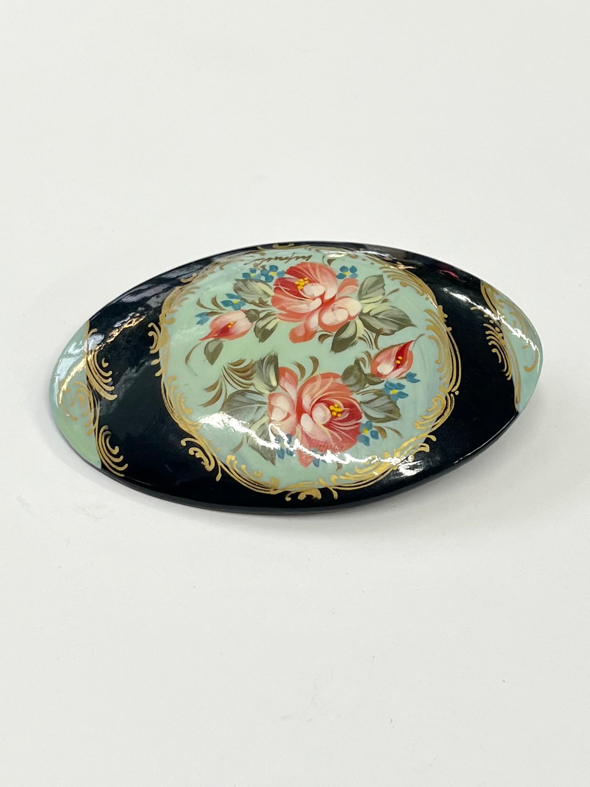 1990s Vintage Painted Wood Floral Oval Brooch
