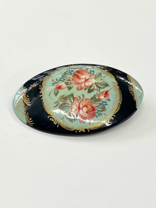 1990s Vintage Painted Wood Floral Oval Brooch