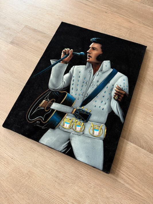 1970s Vintage Elvis in Hawaii The King Guitar Black Velvet Painting Handmade Signed Unframed Wall Art - 18" x 24"