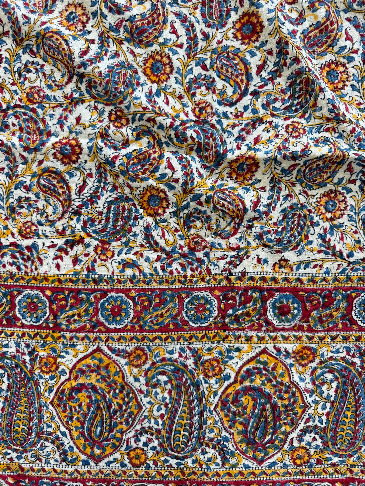 1970s Vintage Indian Cotton Hand Block Printed Uncut Fabric Yardage - Red / Yellow / Blue / Paisley - 98" x 64" (#5)