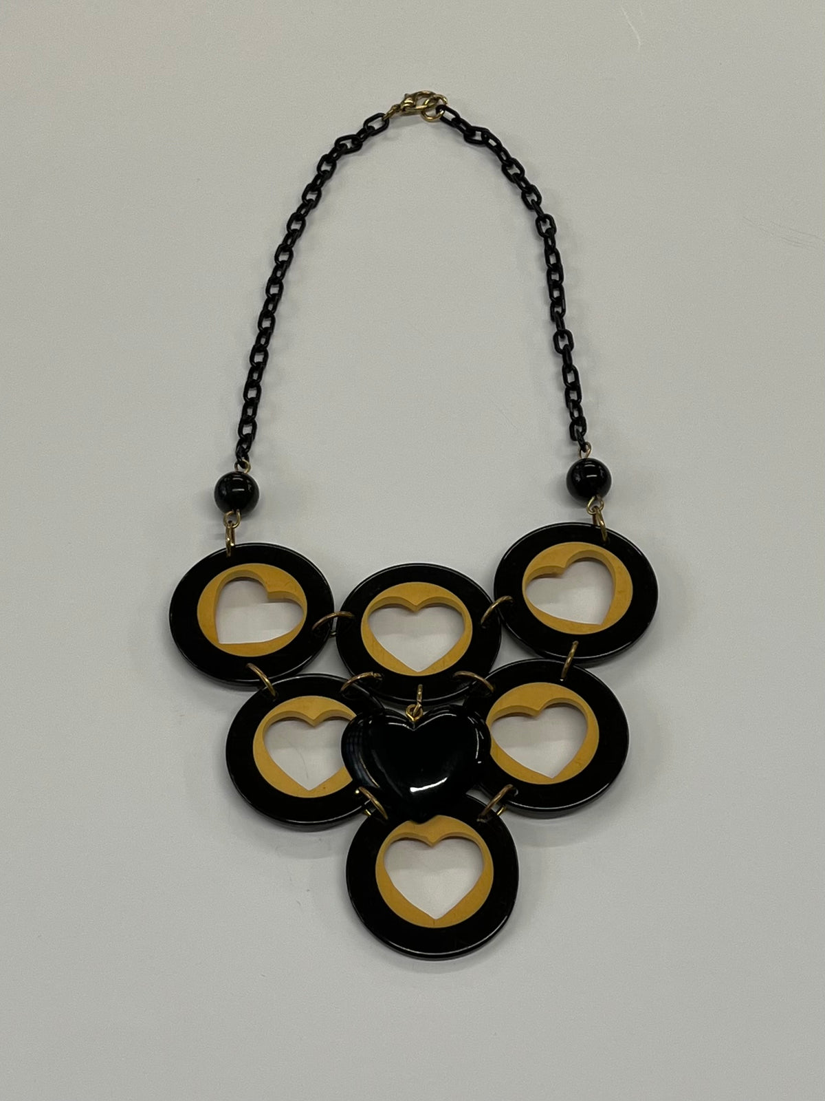 Bakelite & Celluloid Heart Cutout Statement Bib Necklace by Artisan Signed G. Balman