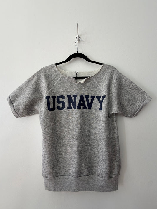 1970s Vintage Heathered Grey U.S. Navy Cut-off Raglan Short Sleeved Crewneck Sweatshirt