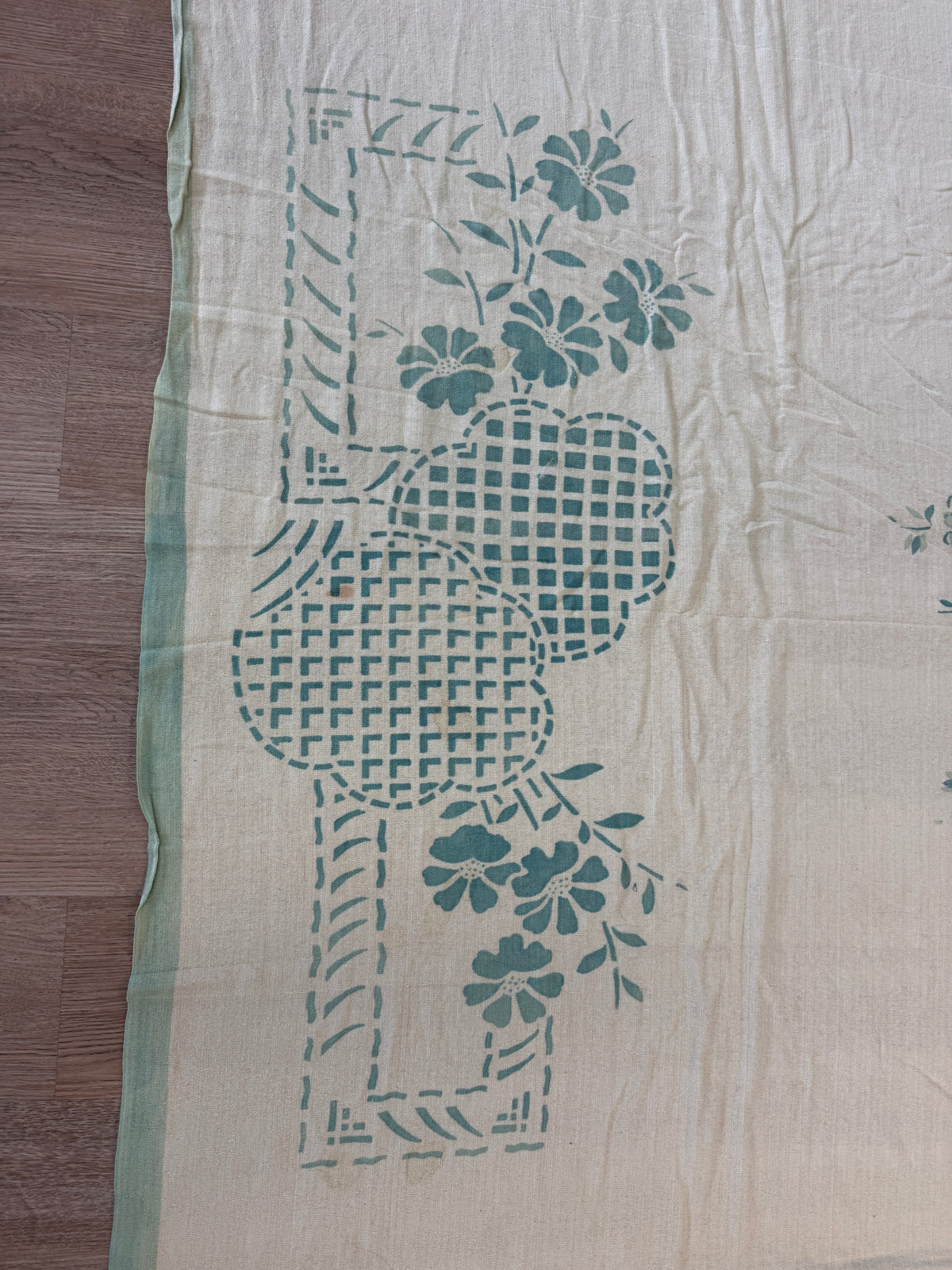 1940s - 1950s Vintage Indian Cotton Hand Block Printed Uncut Fabric Yardage - Cream / Robin's Egg Blue / Abstract Basket Florals - 80” x 96" (#9)
