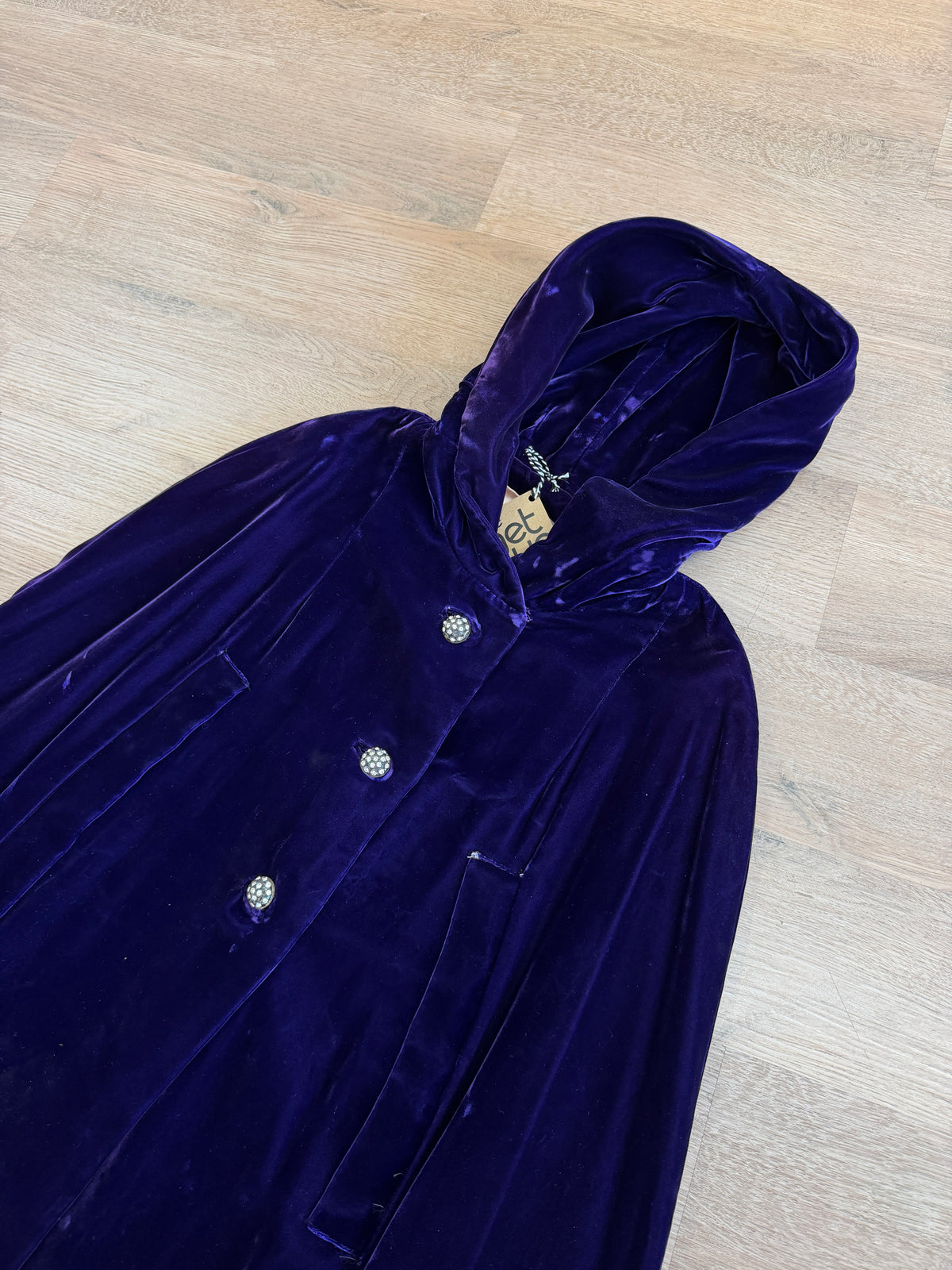 1950s - 1960s Vintage Deep Purple Velvet with Rhinestone Buttons Full Length Cape Cloak with Hood