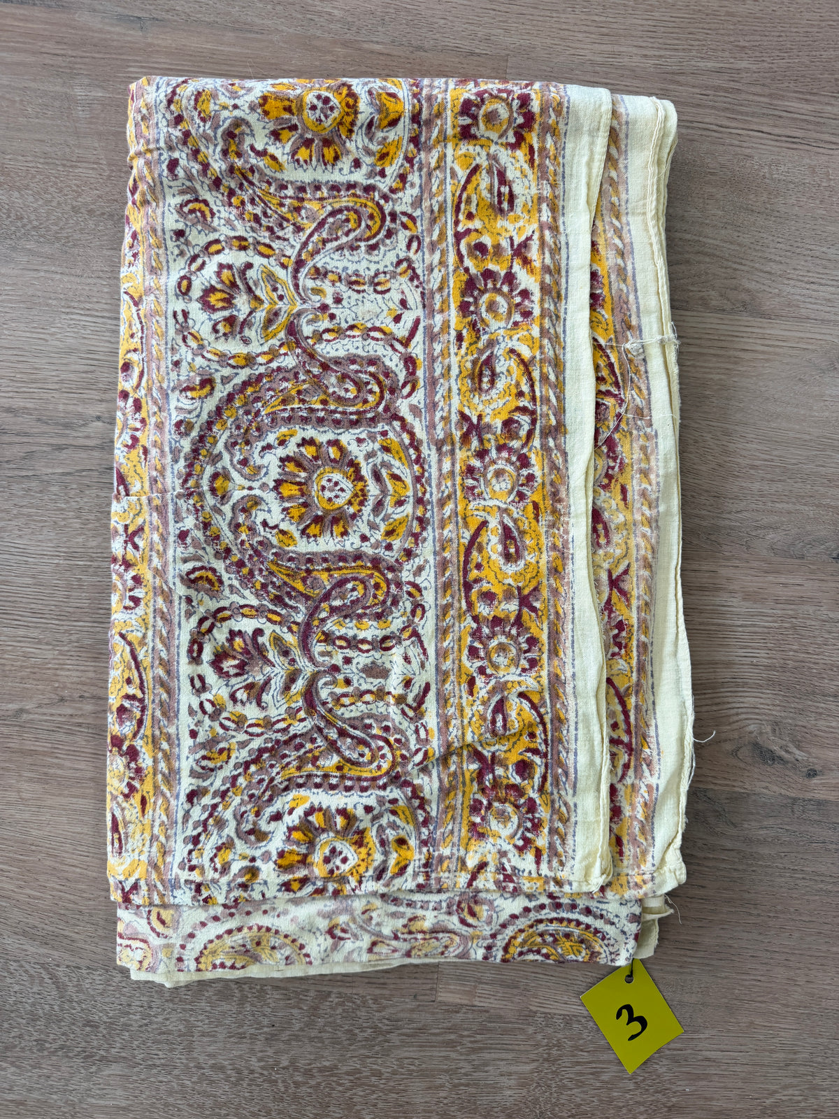1970s Vintage Indian Cotton Hand Block Printed Uncut Fabric Yardage - Burgundy / Yellow / Paisley- 82" x 100" (#3)