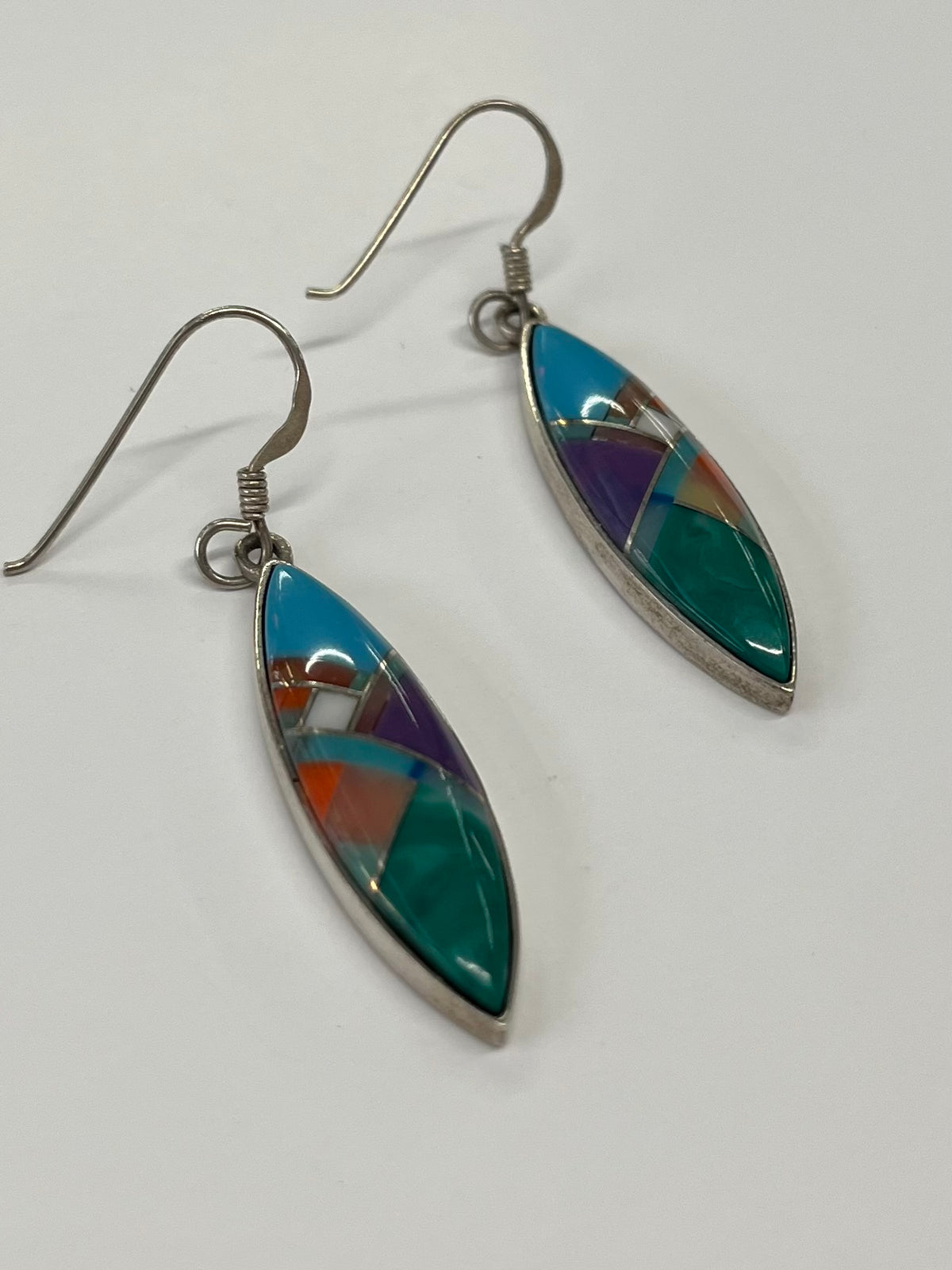 1990s Vintage Sterling Silver Stone Inlay Earrings