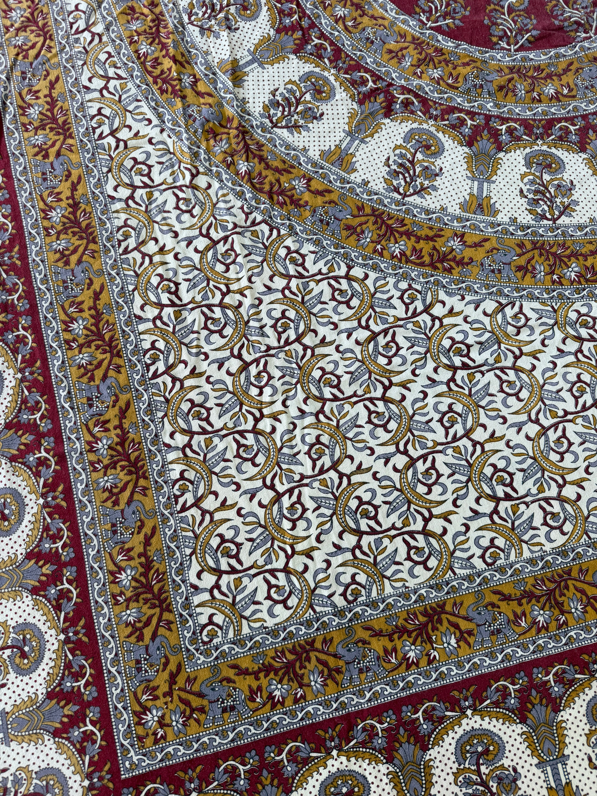 1970s Vintage Indian Cotton Hand Block Printed Uncut Fabric Yardage - Mustard / Gray / Elephants - 156" x 92" (#1)