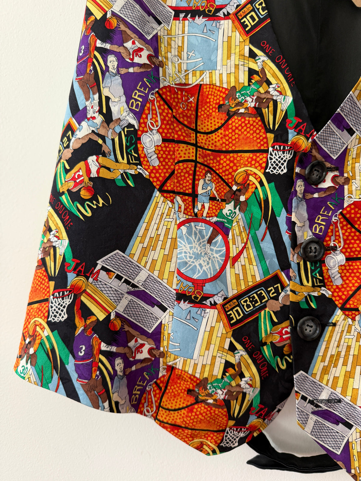 2000's Y2K Vintage Nicole Miller Novelty Print Basketball Vest 100% Silk