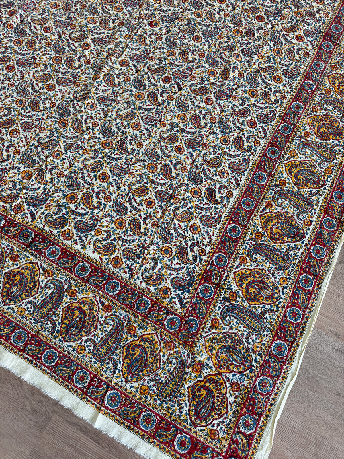 1970s Vintage Indian Cotton Hand Block Printed Uncut Fabric Yardage - Red / Yellow / Blue / Paisley - 98" x 64" (#5)