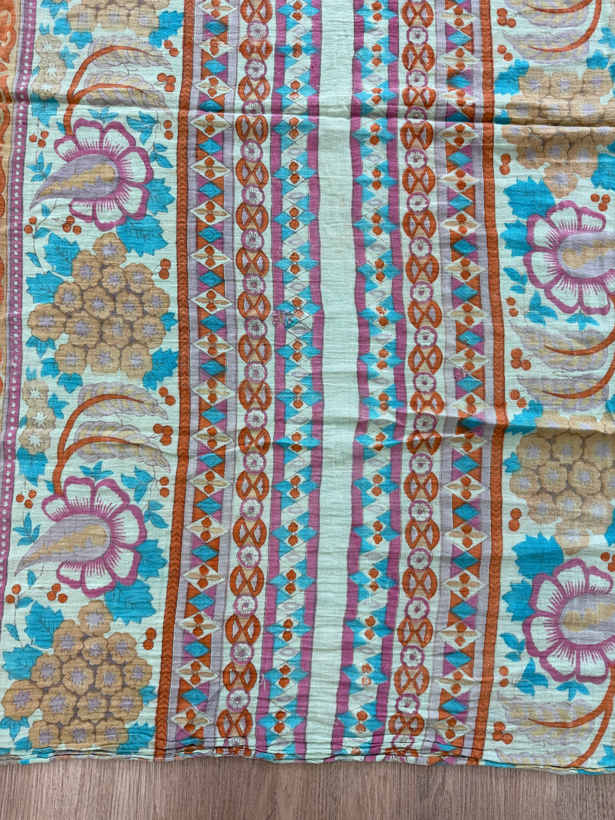 1970s Vintage Hand Block Printed Indian Cotton Fabric - Purple / Blue / Turquoise / Orange  - 62" x 92" (#7)