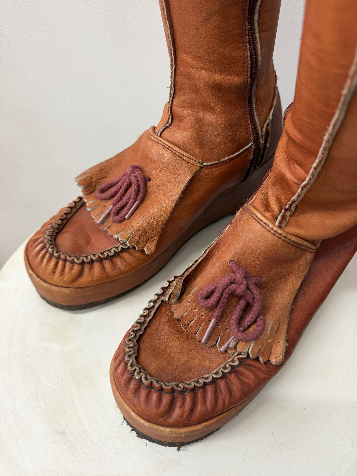 1970s Vintage MUDPUCKER Leather Tall Tassel Boots Womens US 6.5-7