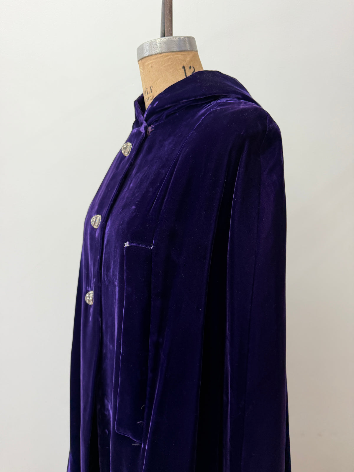 1950s - 1960s Vintage Deep Purple Velvet with Rhinestone Buttons Full Length Cape Cloak with Hood