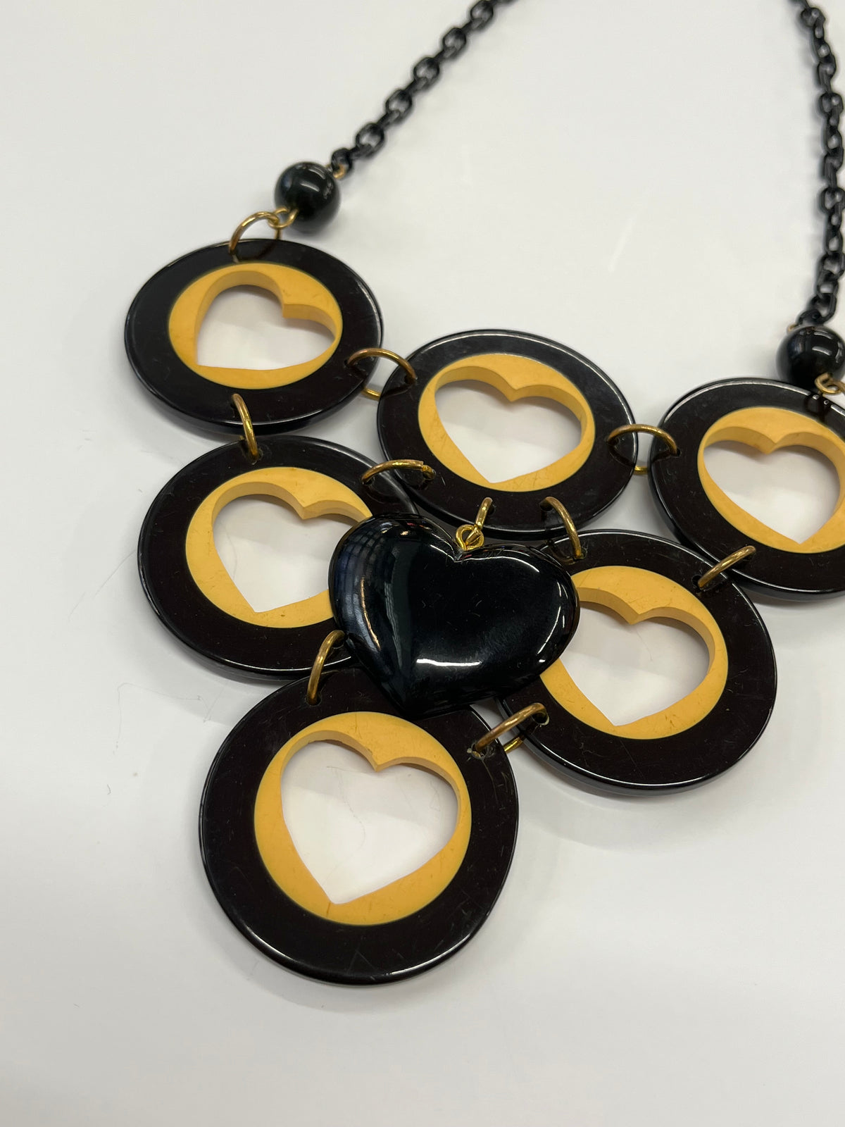 Bakelite & Celluloid Heart Cutout Statement Bib Necklace by Artisan Signed G. Balman