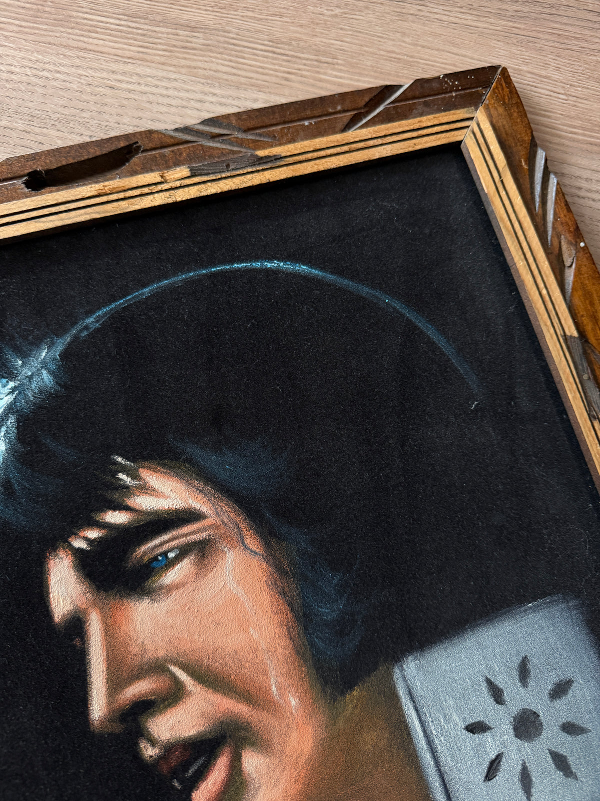 1970s Vintage Elvis The King White Suit Microphone Black Velvet Painting Handmade Signed Wall Art - 19" x 23"
