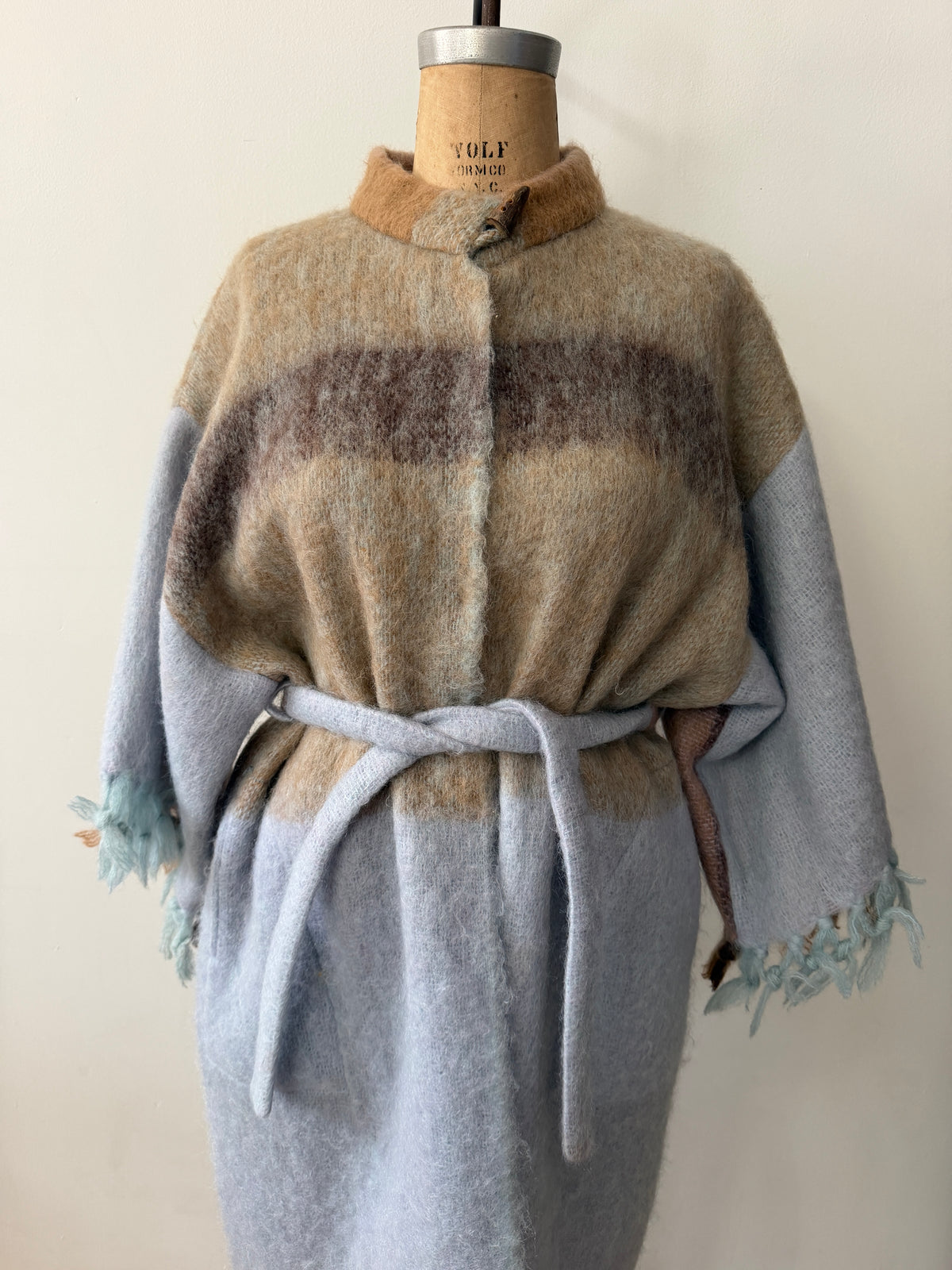 1970s - 80s Vintage Robins Egg Blue and Brown Mohair Blanket Coat