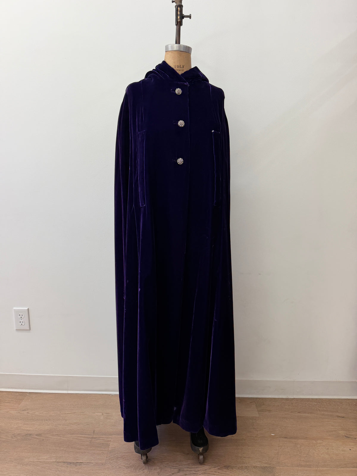 1950s - 1960s Vintage Deep Purple Velvet with Rhinestone Buttons Full Length Cape Cloak with Hood