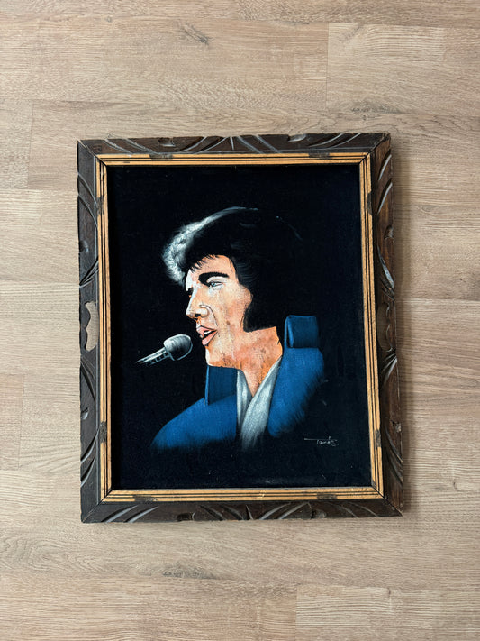 1970s Vintage Elvis The King in Blue Black Velvet Painting Handmade Signed Wall Art - 19.5" x 23.5"