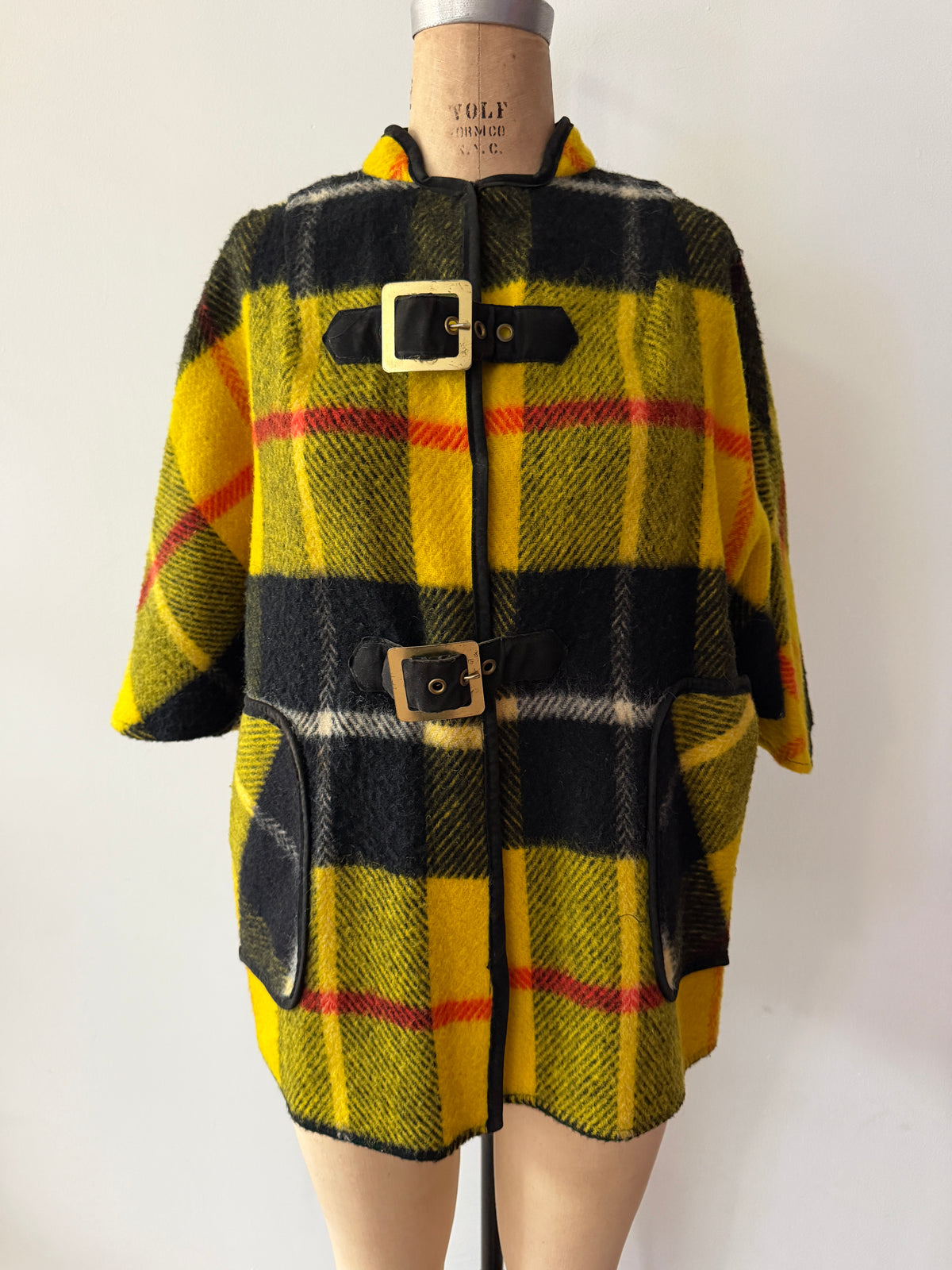 1960s Yellow Plaid Buckle Poncho Capelette by King of the Ponchos