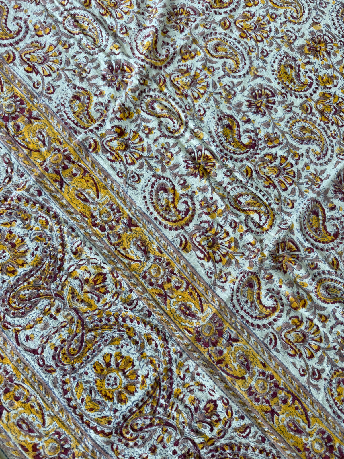 1970s Vintage Indian Cotton Hand Block Printed Uncut Fabric Yardage - Burgundy / Yellow / Paisley- 82" x 100" (#3)