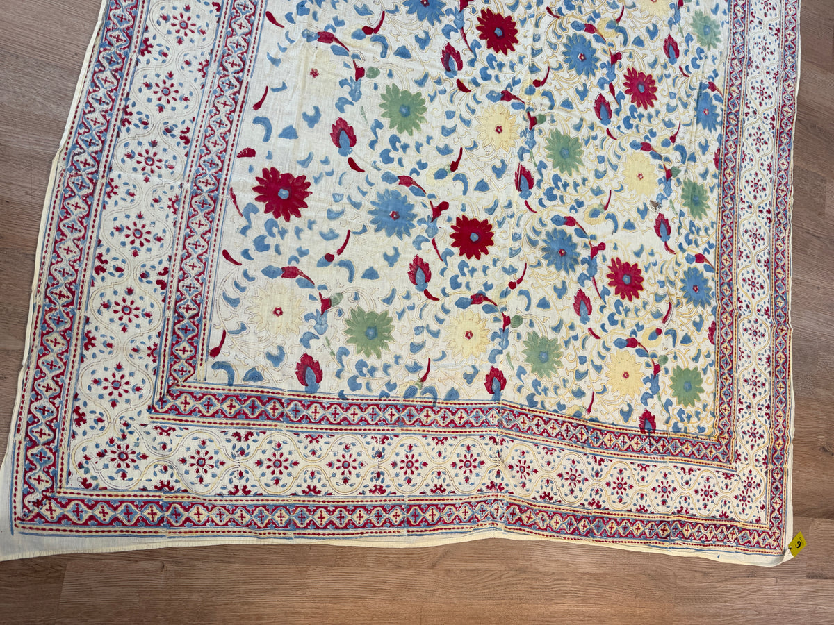 1970s Vintage Indian Cotton Hand Block Printed Uncut Fabric Yardage - Red / Cream / Blue / Green Large Blooms - 66" x 98" (#6)