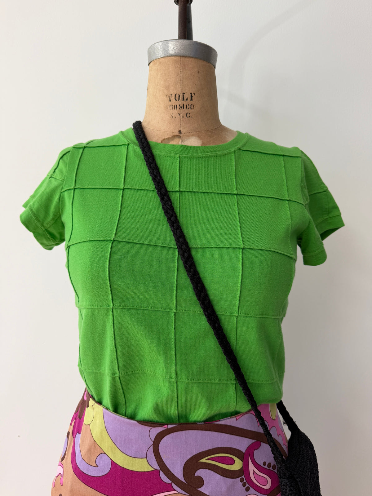 1990s Vintage Bright Green Square Patchwork Top Tee Shirt