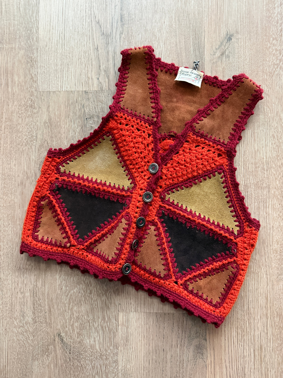 1970s Vintage Red and Orange Knitted Suede  Patchwork Vest