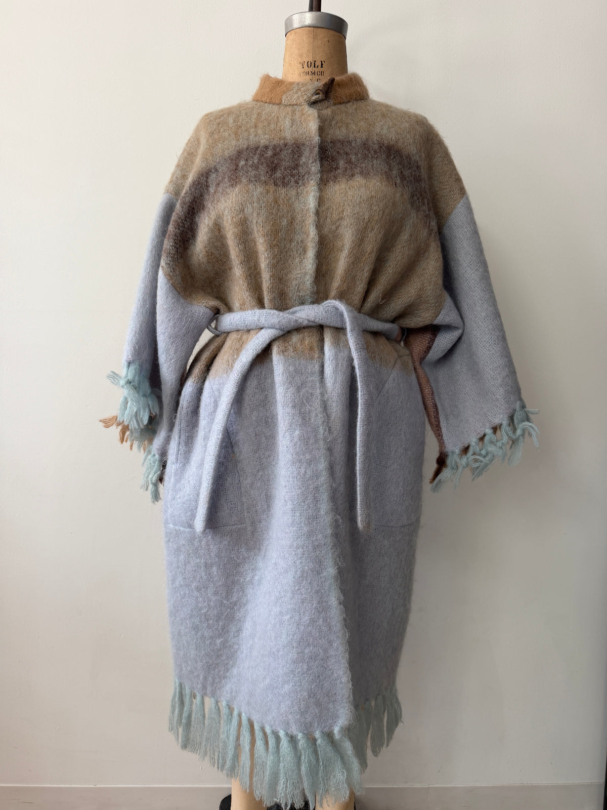 1970s - 80s Vintage Robins Egg Blue and Brown Mohair Blanket Coat