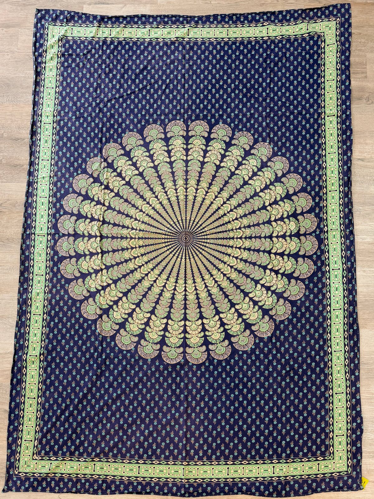 1980s Vintage Indian Cotton Hand Block Printed Uncut Fabric Yardage - Micro Floral / Mandala / Blue - 102" x 68" (#14)