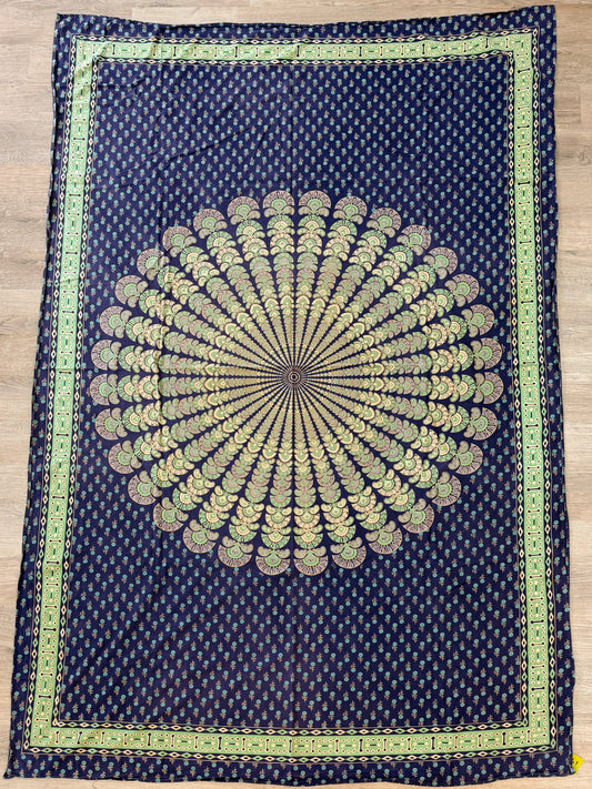 1980s Vintage Indian Cotton Hand Block Printed Uncut Fabric Yardage - Micro Floral / Mandala / Blue - 102" x 68" (#14)