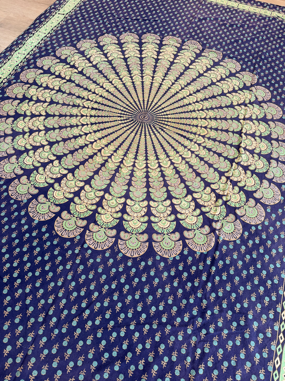 1980s Vintage Indian Cotton Hand Block Printed Uncut Fabric Yardage - Micro Floral / Mandala / Blue - 102" x 68" (#14)