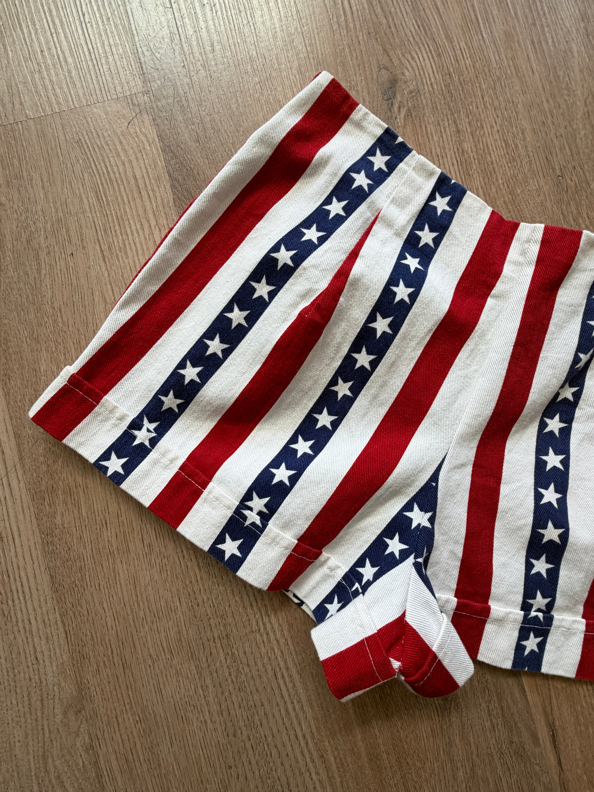 1970s Vintage Hand Sewn American Flag Stars & Stripes High Rise Cotton Shorts