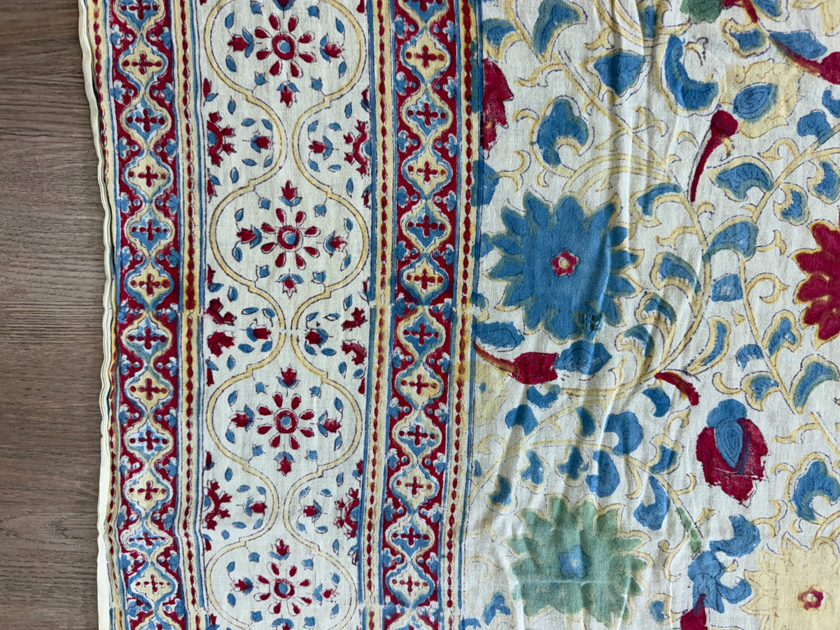 1970s Vintage Indian Cotton Hand Block Printed Uncut Fabric Yardage - Red / Cream / Blue / Green Large Blooms - 66" x 98" (#6)