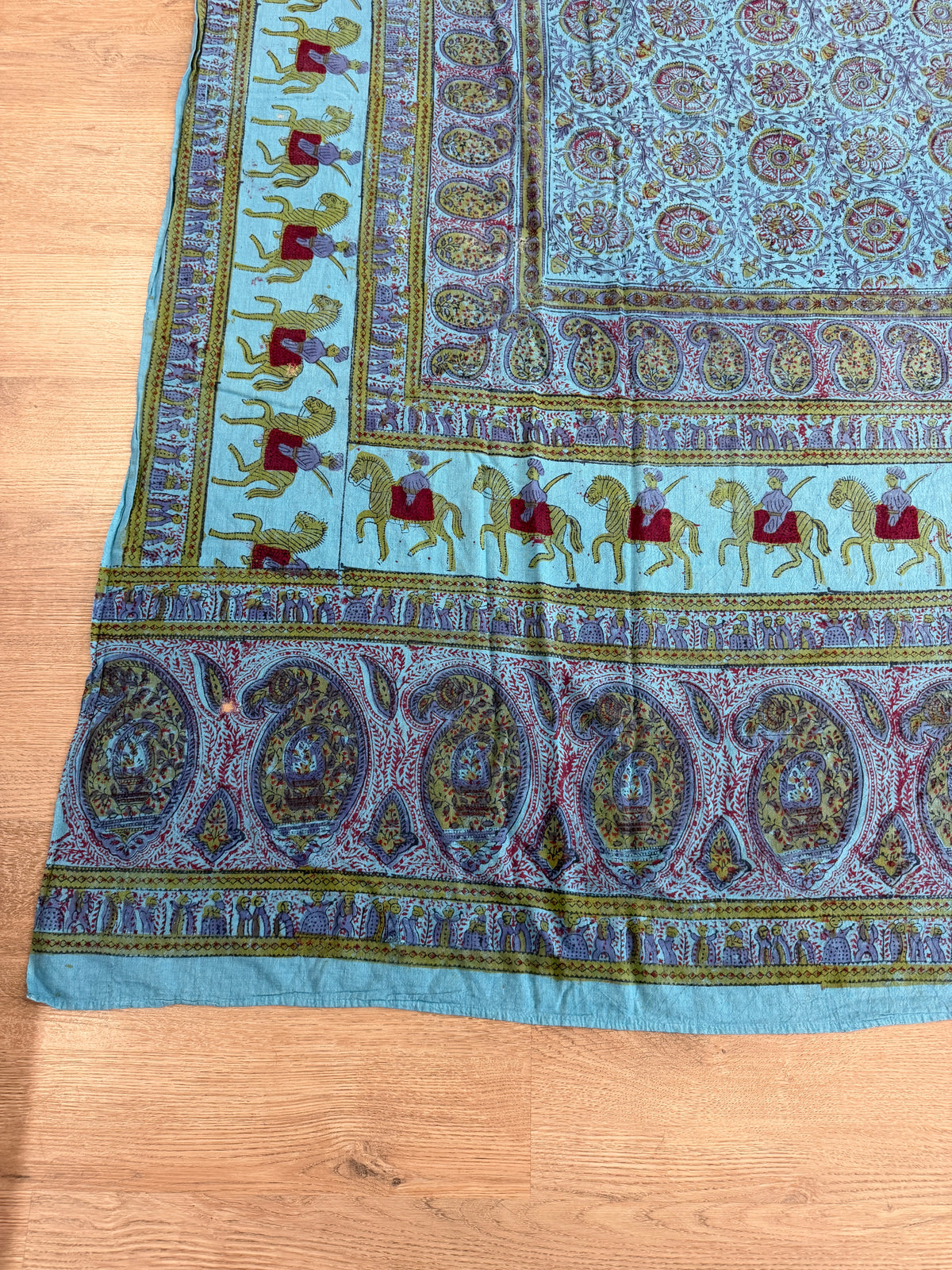 1970s Vintage Indian Cotton Hand Block Printed Uncut Fabric Yardage - Teal / Burgundy / Paisley / People / Horses Motifs -96" x 80" (#13)