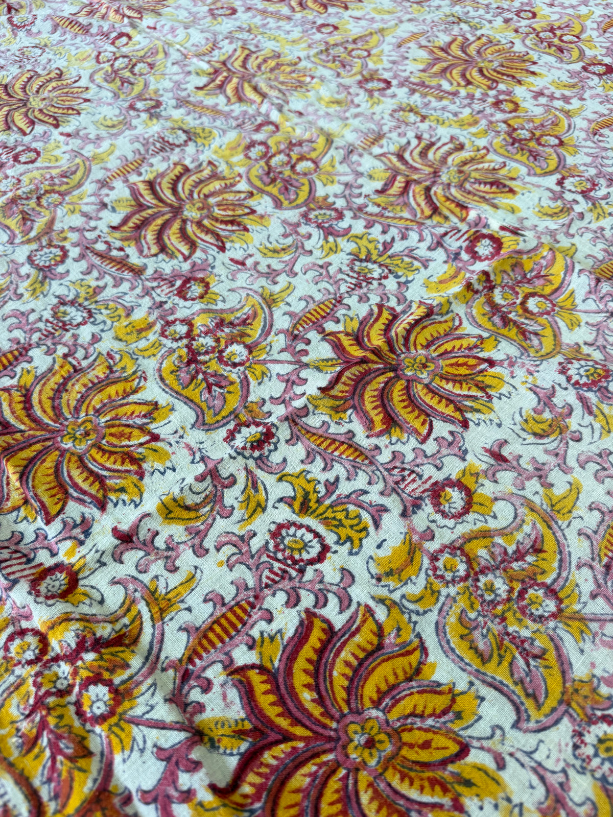 1970s Vintage Indian Cotton Hand Block Printed Uncut Fabric Yardage - Red / Pink / Yellow Lotus Flower - 64" x 100" (#2)