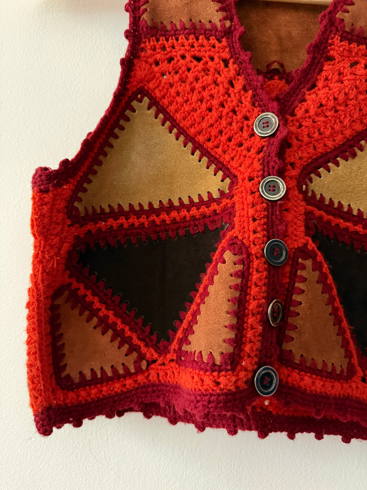 1970s Vintage Red and Orange Knitted Suede  Patchwork Vest